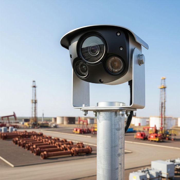 A close-up of a modern, multi-lens security camera mounted on a pole, overlooking a vast outdoor industrial facility with oil and gas drilling rigs, storage tanks, and pipes in the background.
