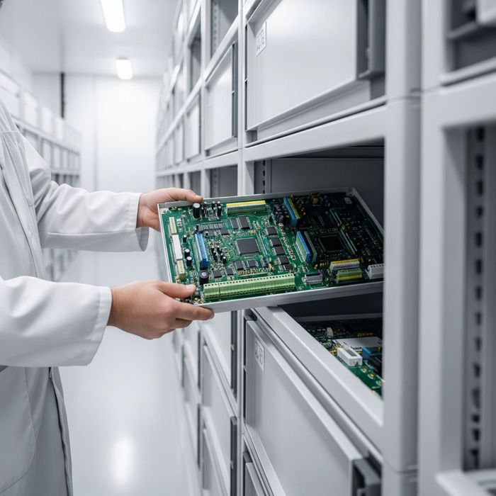 A person wearing a white lab coat carefully handles a large, green circuit board, placing it into a specialized, clean shelf within a modern, organized storage unit designed for sensitive electronics. A person wearing a white lab coat carefully handles a large, green circuit board, placing it into a specialized, clean shelf within a modern, organized storage unit designed for sensitive electronics.