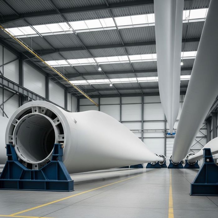 Multiple large white wind turbine blades for renewable energy infrastructure, stored horizontally on blue supports within a spacious and well-lit industrial warehouse.