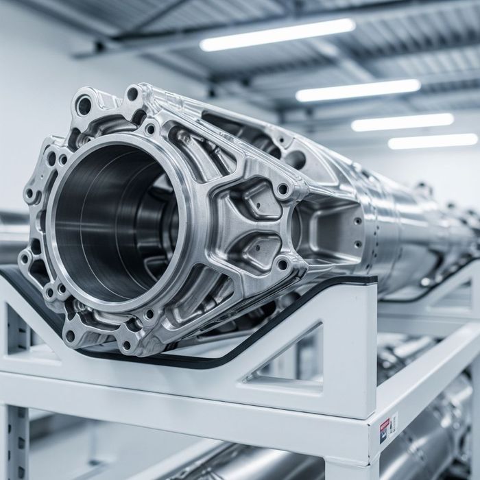 Close-up of a large, silver aerospace component, possibly an engine part or rocket casing, meticulously stored on a white rack in a clean industrial indoor storage facility.