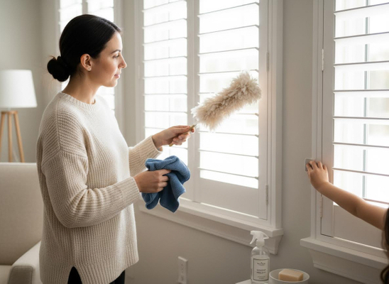 A woman in a white sweater uses auster on white window shutters while holding a blue cloth. A child's hand is visible on another shutter, with cleaning supplies on the sill. Woman dusting window shutters