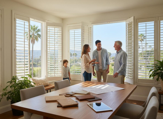 An intergenerational family discusses home design ideas with wood samples and blueprints in a sunny room with white plantation shutters and palm trees outside. Family Discussing Home Design with Samples