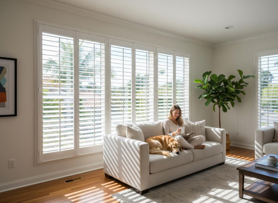 A woman reads with her golden retriever on a sofa, bathed in sunlight filtering through white plantation shutters in a bright, cozy living room. Woman and Golden Retriever Relaxing in Sunlit Living Room with Plantation Shutters