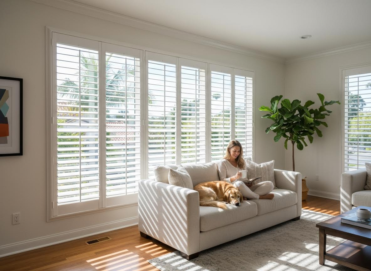 Woman and Golden Retriever Relaxing in Sunlit Living Room with Plantation Shutters