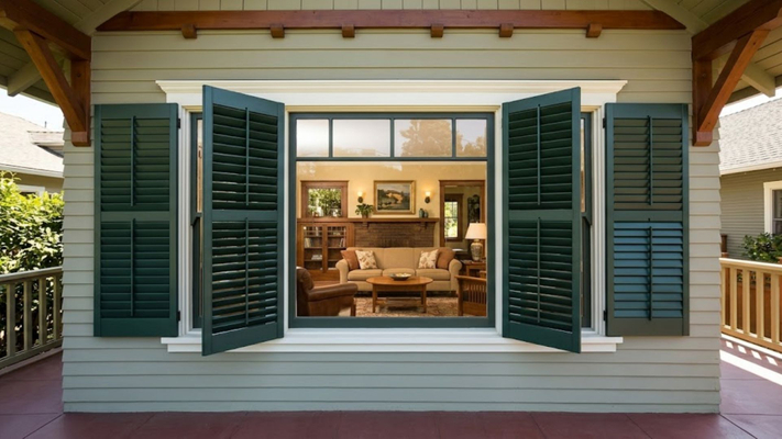 the front of a craftsman home featuring perfectly maintained dark-green wooden exterior shutters and traditional joinery