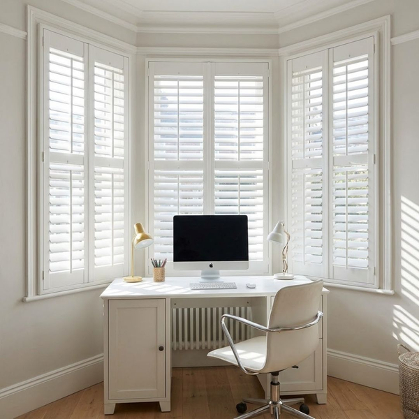 Bright home office with sunlit white shutters and desk.
