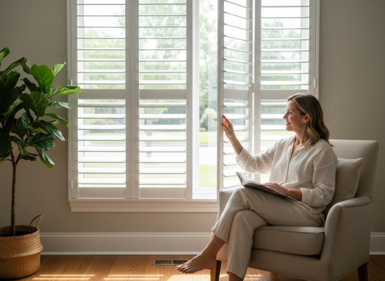 Woman Adjusting Plantation Shutters