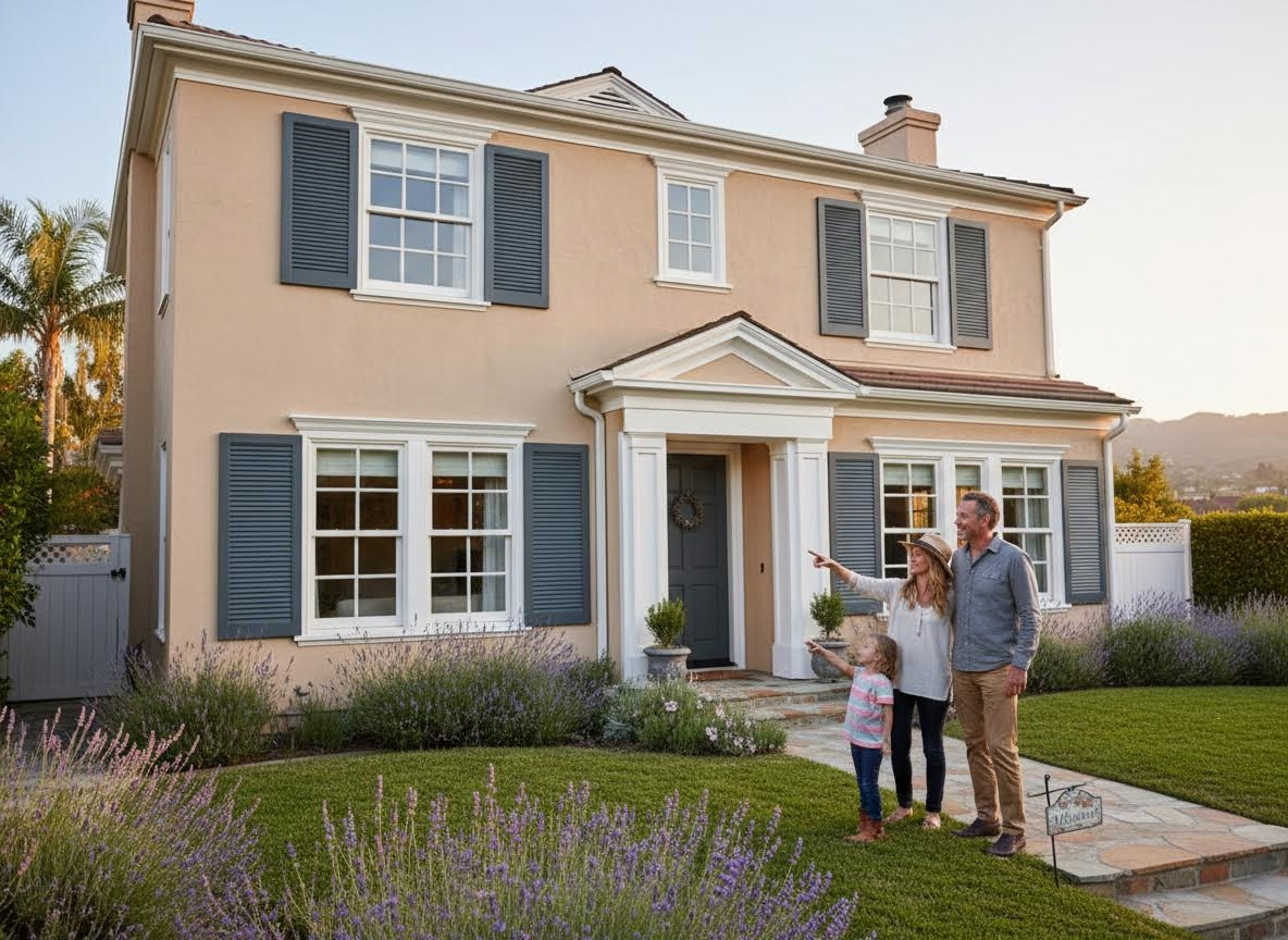 Family looking at a new home with a lavender garden