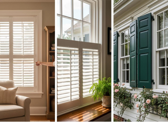 Collage shows interior white plantation shutters (one adjusted, another with a fern) and exterior dark green panel shutters with pink roses. Residential Window Shutters: Interior Plantation and Exterior Panel Styles