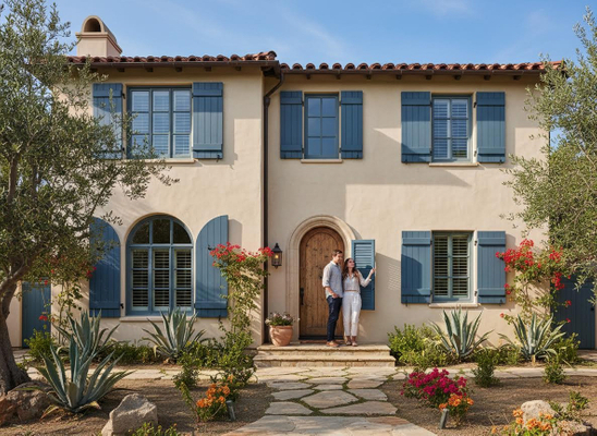 A happy couple stands on the steps of a two-story Mediterranean house with cream stucco and blue shutters, surrounded by desert landscaping. Couple on Steps of Mediterranean House with Blue Shutters