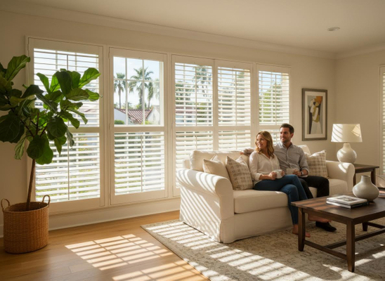 A couple enjoys a bright living room with white plantation shutters, sunlight streaming through, and a view of palm trees outside. Couple relaxing in a sunlit living room with white plantation shutters