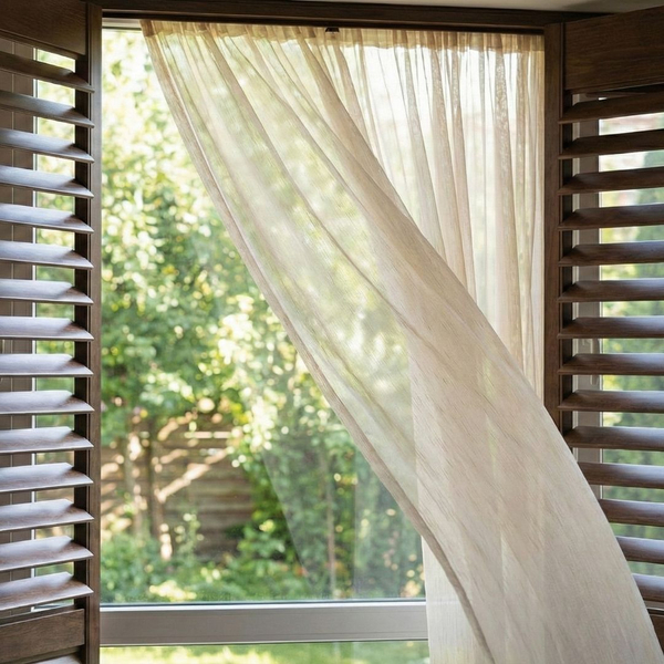 Open window with dark wood shutters allowing fresh air into a room