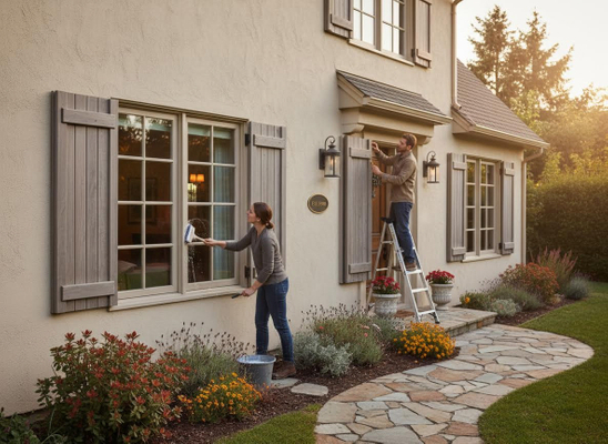 A man on a ladder adjusts decor while a woman washes windows on a two-story house with light-colored siding, dark shutters, and landscaping. Couple Cleaning Windows and Decorating House Exterior