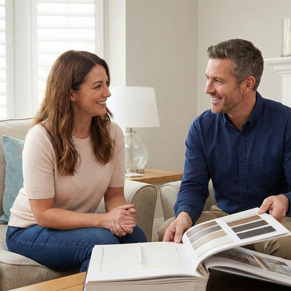 costumer looking through shutter book with salesman