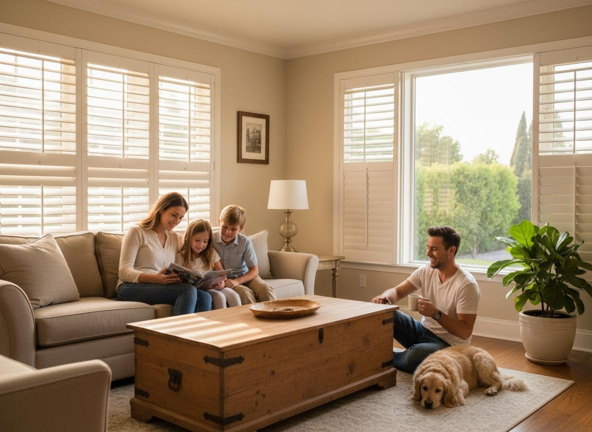 Family relaxing in a living room with white plantation shutters