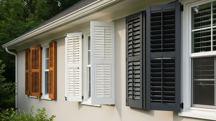 A house featuring various exterior shutter materials including wood, vinyl, and composite.