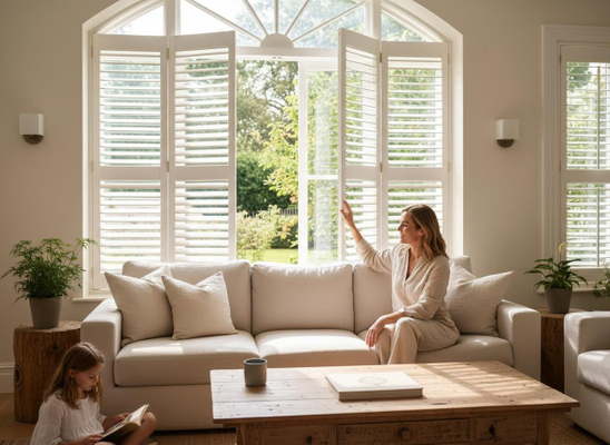 A woman sits on a sofa, opening white window shutters to a garden, while a child reads on the floor. Cozy, sunlit living space. Mother and daughter in a bright living room with white window shutters