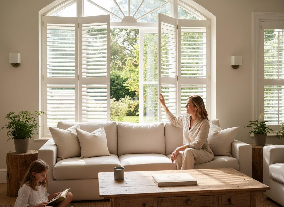 Mother and daughter in a bright living room with white window shutters