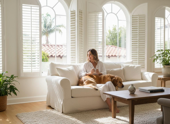 Woman and Golden Retriever Relaxing on White Sofa by Sunny Windows