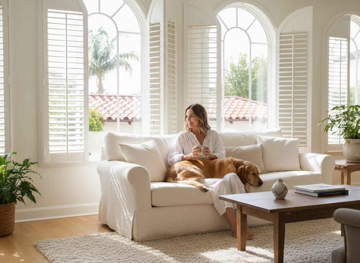 Woman and Golden Retriever Relaxing on White Sofa by Sunny Windows