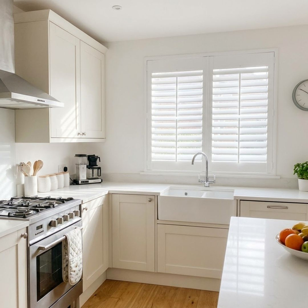 A square photograph capturing a sunny and clean modern kitchen with bright white shutters on the window.
