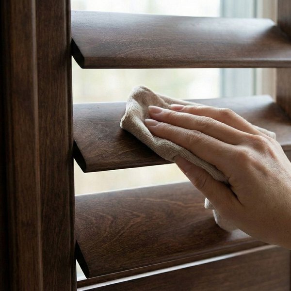 Close-up of a hand cleaning a wooden shutter louver with a cloth