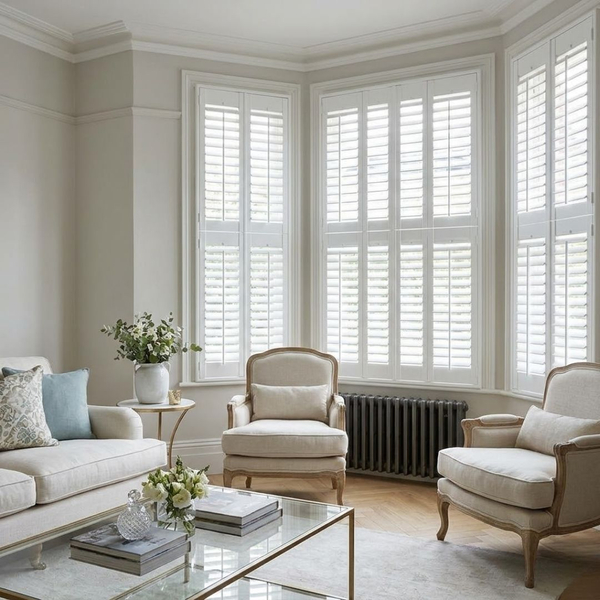 A square, sunlit photograph showcasing a pristine white plantation shutter in an elegant home interior.
