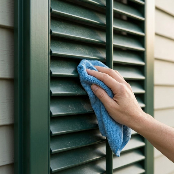 a hand carefully wiping dust from the louvers of a dark green exterior shutter using a soft blue microfiber cloth