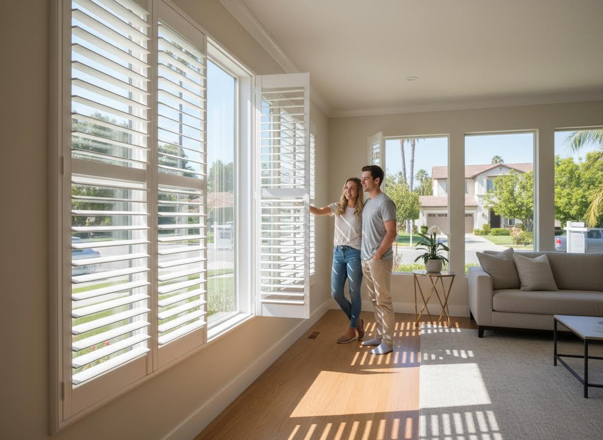 Couple looking out window with white plantation shutters