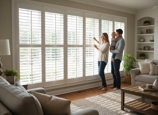 Family with young child by window with white plantation shutters