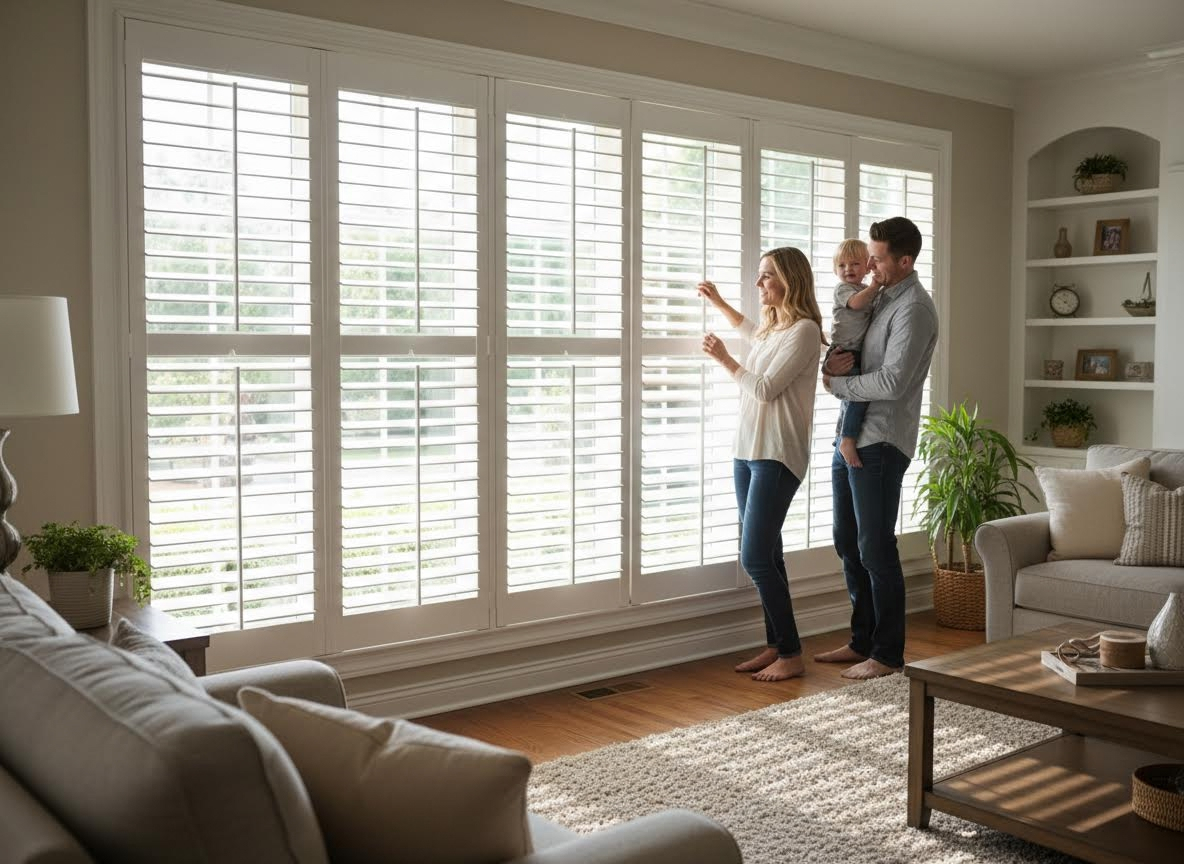 Family with young child by window with white plantation shutters