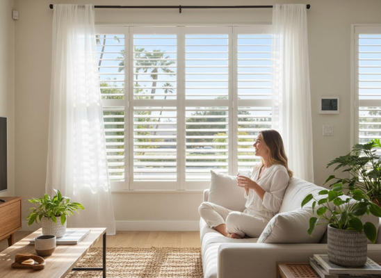 A woman relaxes on a white sofa, looking out a large window with white plantation shutters. Palm trees are visible outside. Woman relaxing in living room with plantation shutters