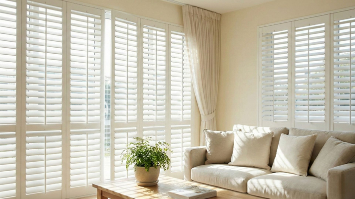 Sunlit living room with large white interior plantation shutters and fresh air.
