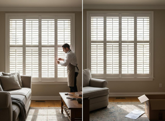 A man adjusts white plantation shutters on a large window in a living room with a sofa and coffee table. Another view shows the room. Man Adjusting White Plantation Shutters in a Living Room