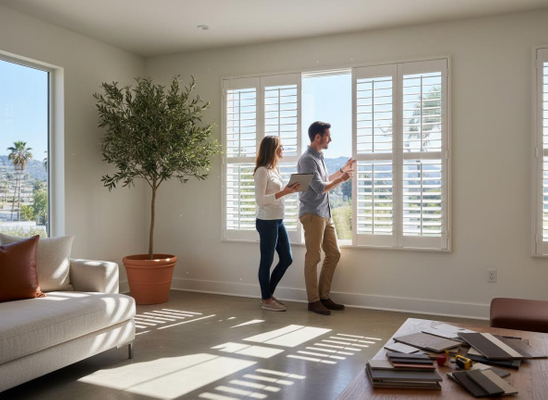 A couple stands by a bright window, reviewing white plantation shutters. The woman holds a tablet as sunbeams light the modern living room. Couple examining white plantation shutters in a modern living room