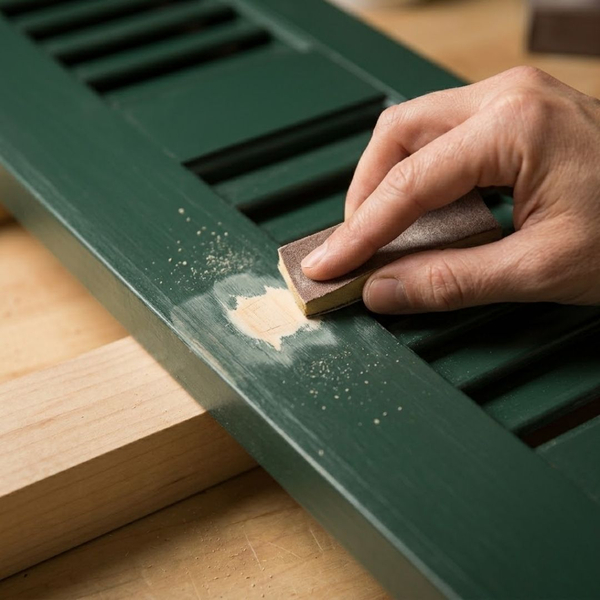 a hand using a fine-grit sanding block to smooth wood filler applied to a repair on a dark green exterior shutter