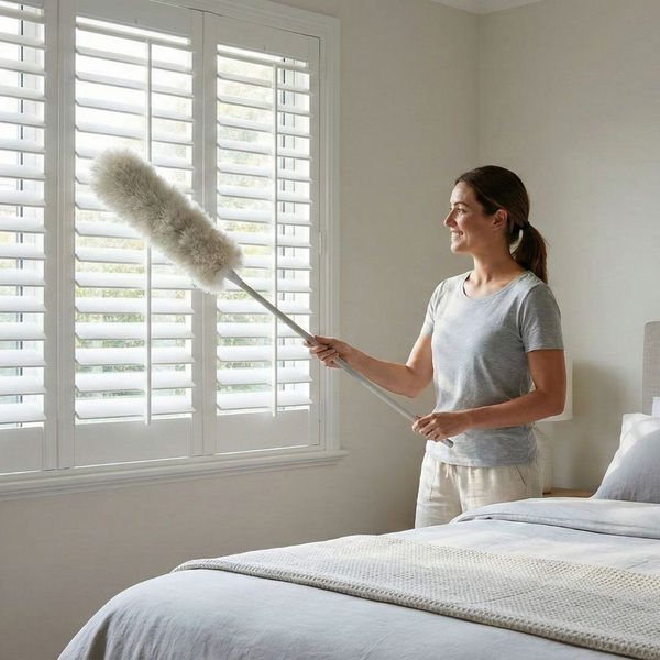 Person easily dusting white bedroom plantation shutters with a duster
