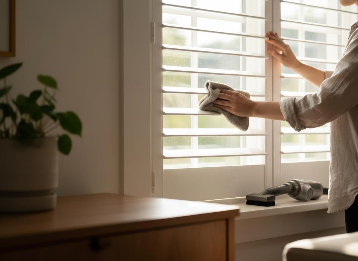 Person Cleaning White Window Shutters