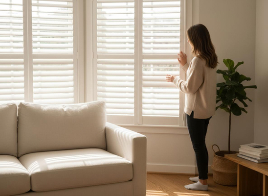 A woman in a cream sweater and dark pants stands by a sunlit window with white plantation shutters, gently peeking outside. A beige sofa and plant are visible. Woman looking through white plantation shutters
