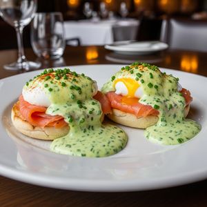 Smoked Salmon Benedict (Nova Scotia salmon, Chive Hollandaise Sauce) on a plate at an upscale Italian restaurant