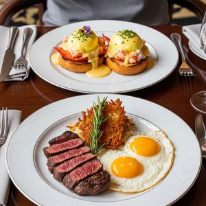 Two menu items at an Italian restaurant on plates, including Lobster Benedict and Steak 'n Eggs