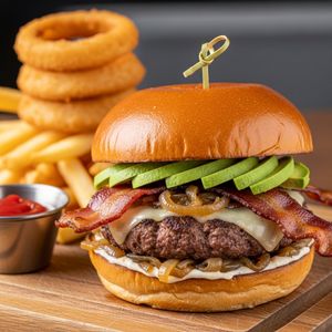 The Regatta Burger: Caramelized Onion, Vermont Cheddar Cheese, Avocado Applewood Smoked Bacon with Fries & Onion Rings