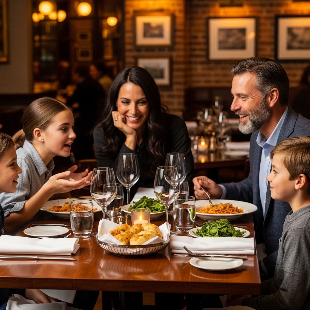 A table at an upscale Italian restaurant with a family seated at it, talking and interacting over a meal.
