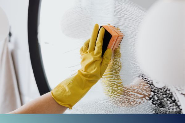 person cleaning a mirror