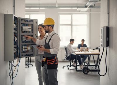 Electrician and Woman Inspecting Electrical Panel in Office with EV Charger