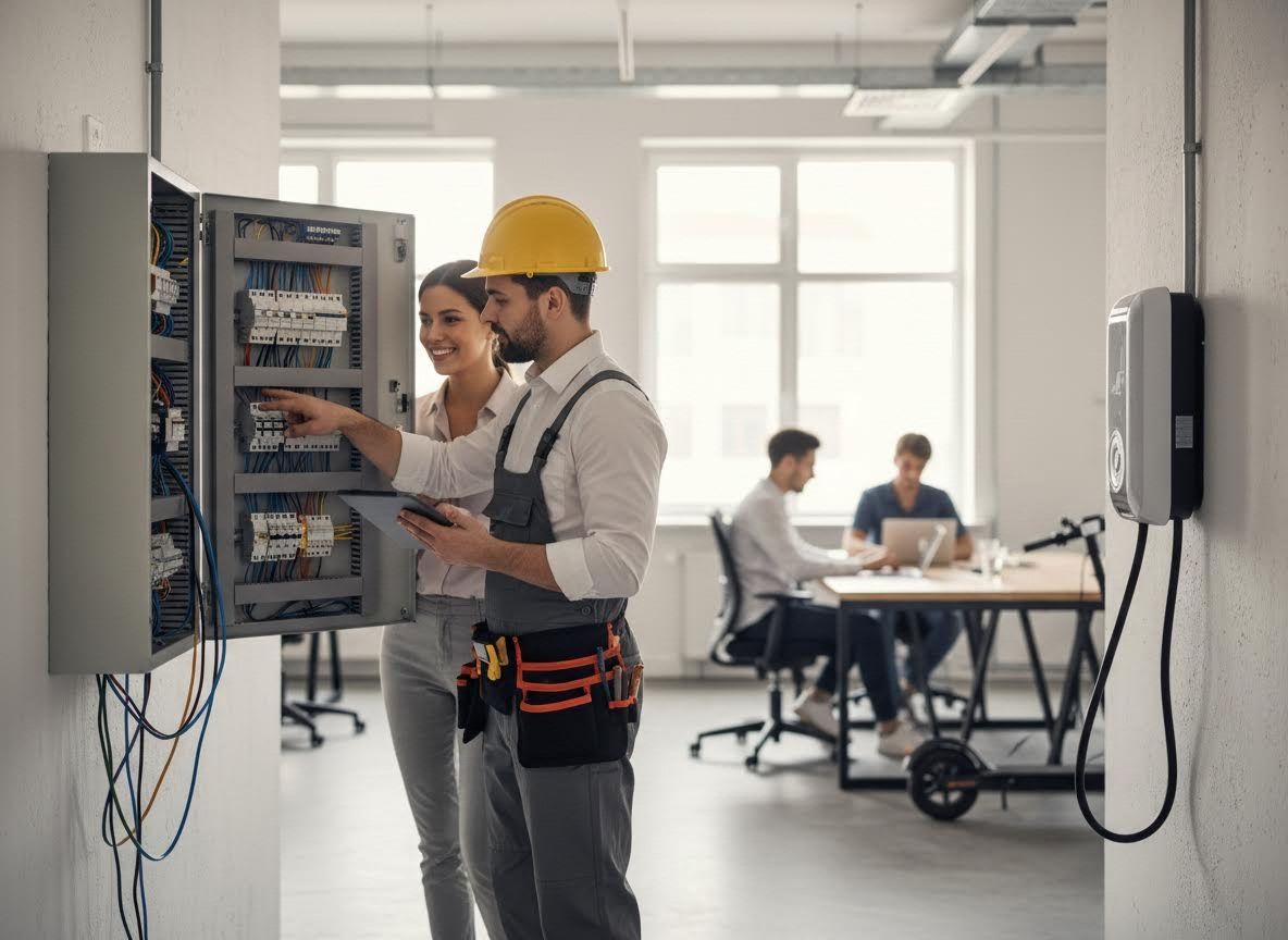 Electrician and Woman Inspecting Electrical Panel in Office with EV Charger