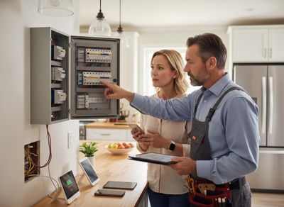 Electrician Explaining Smart Home System to Homeowner