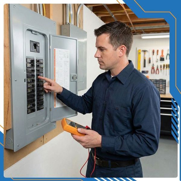 electrician checking electrical panel for tripped breakers