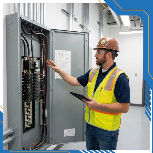 Electrician checking an electrical panel in a commercial building