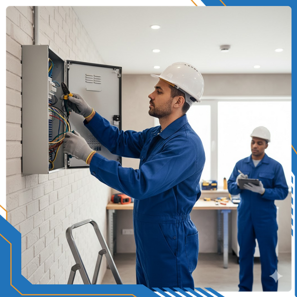 A licensed electrician in a white hard hat performing a residential electrical panel upgrade and safety inspection inside a modern home garage